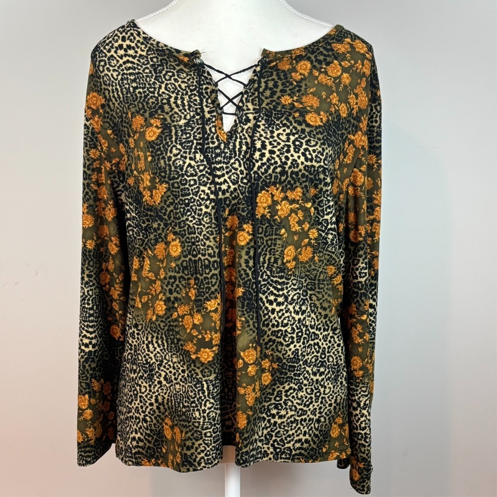 Carol Rose Y2K Flared Sleeve Suede Brown Floral Blouse Womens X-Large‎ Stretch